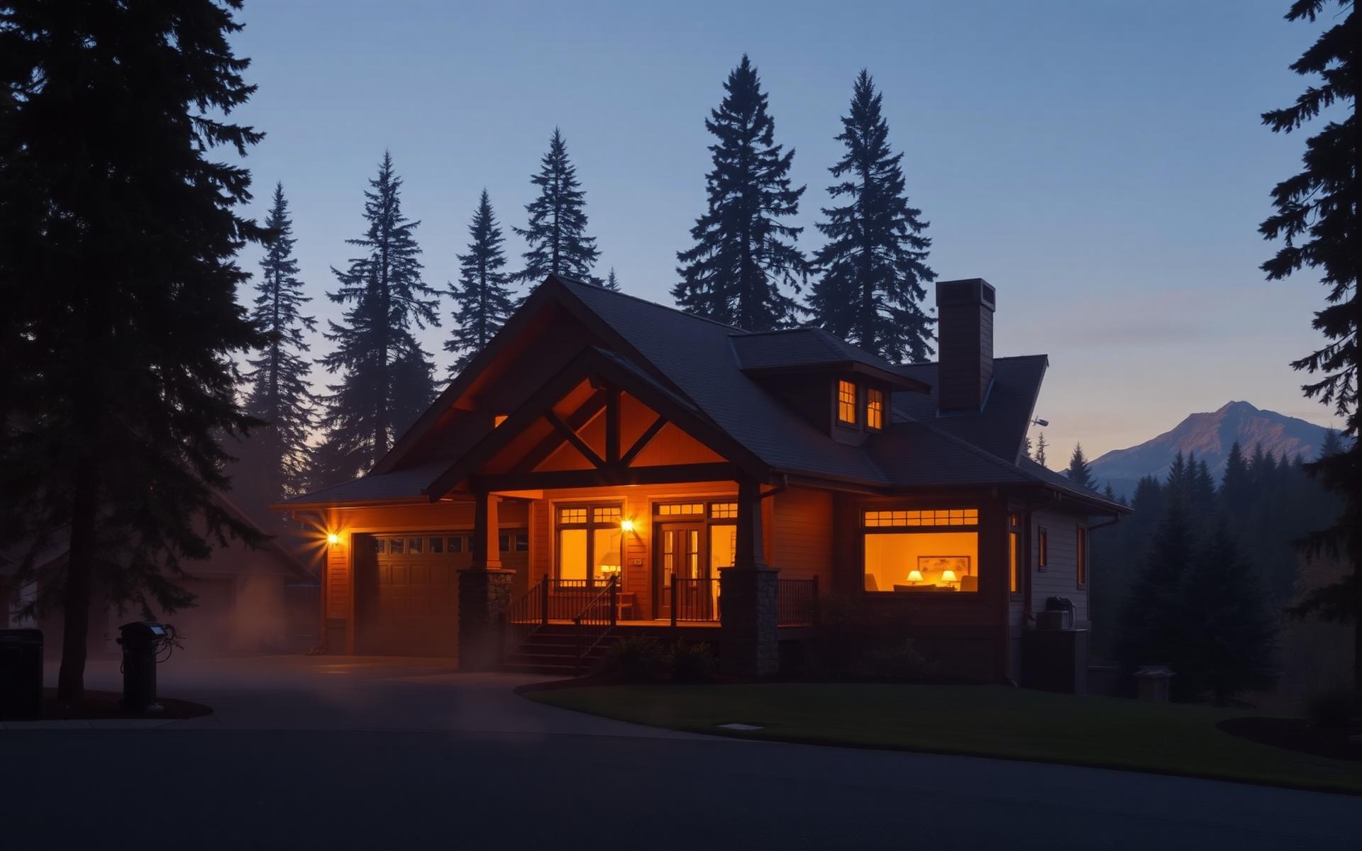 Pacific Northwest home at golden hour